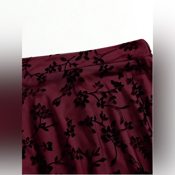 Floral Flocking Tulle Long A-Line Skirt Red - Picture 12 of 12